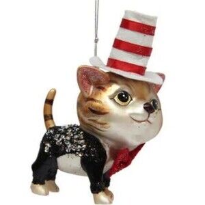 December Diamonds Cat w/ Suit Striped Hat 5.5" Glass Ornament Christmas 79-80527
